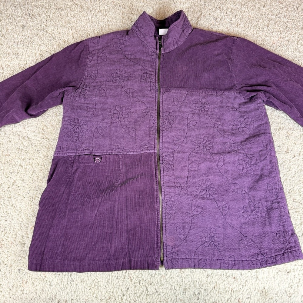 Focus Women's L Purple Floral  Embroidered Corduroy Button Pockets Jacket EUC‎